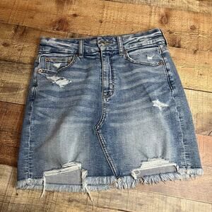 American Eagle | Women's Medium Wash Distressed Curvy High Rise Mini Skirt Sz 6
